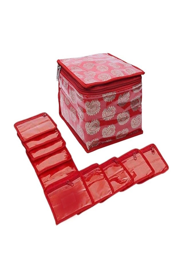STACKRAID Brocade Jewellery Organizer With 10 Transparent Pouch, Vanity Box Size 19 x 18 x 13, Pack of 1 (Red) - Image 1